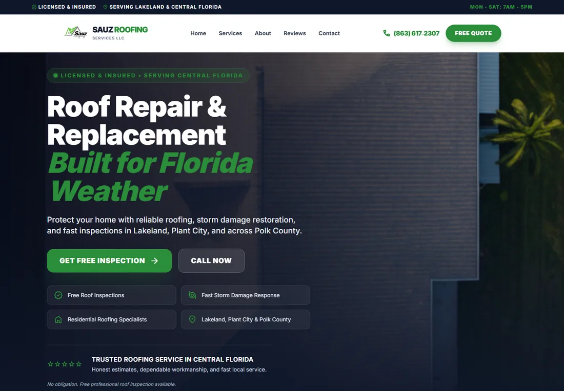 Sauz Roofing website homepage preview